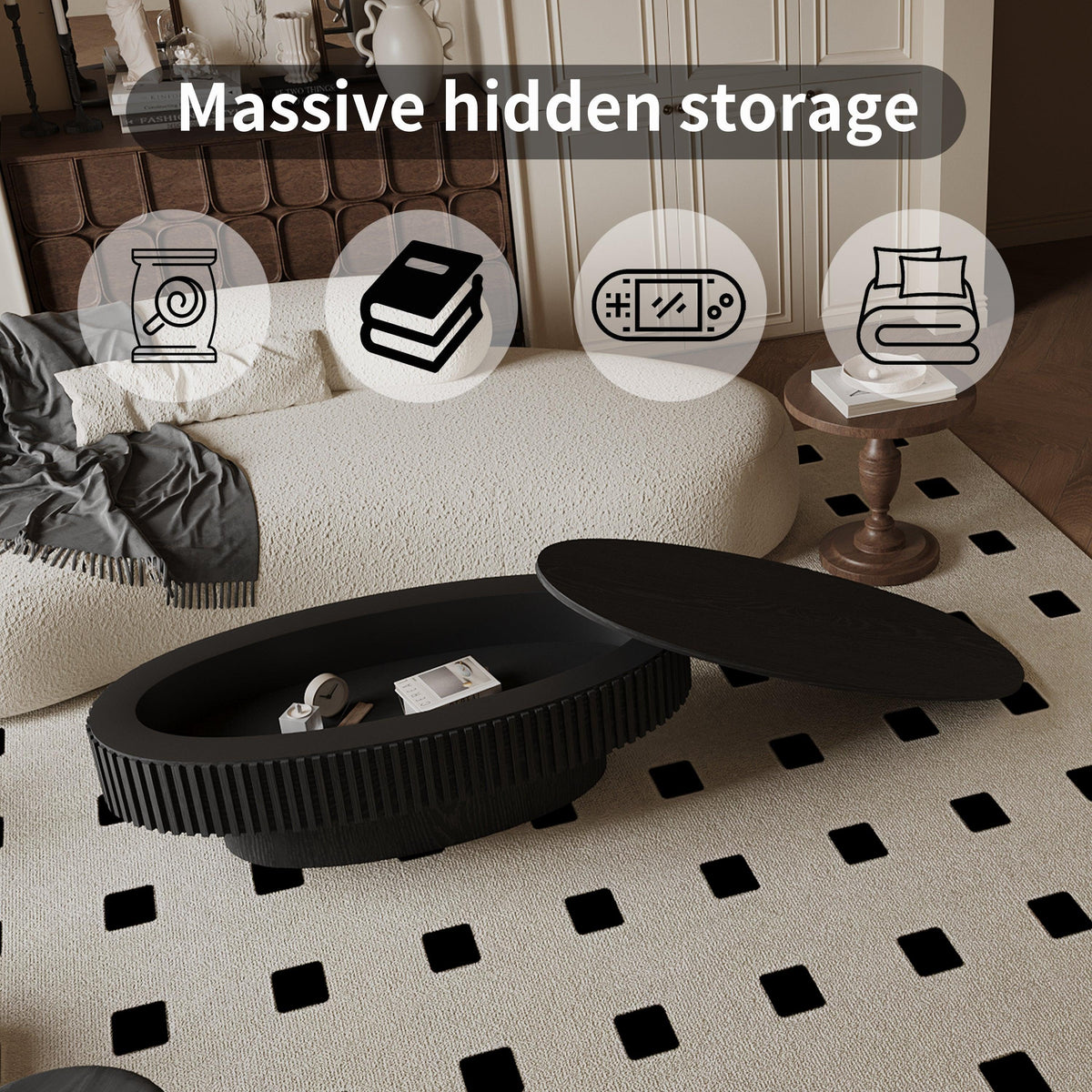 Modern Black Oval Coffee Table with Hidden Storage