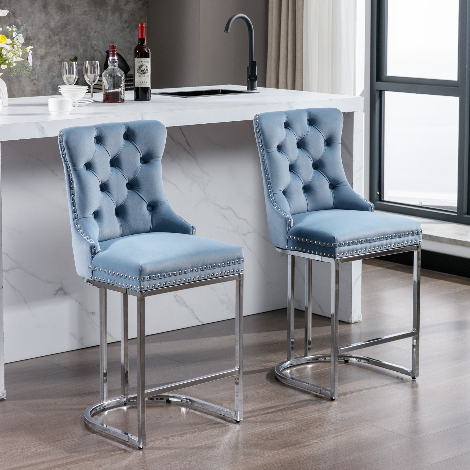 Set of 2 Light Blue Velvet Wing‑Back Bar Stool Set