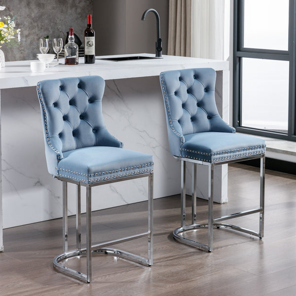 Set of 2 Light Blue Velvet Wing‑Back Bar Stool Set