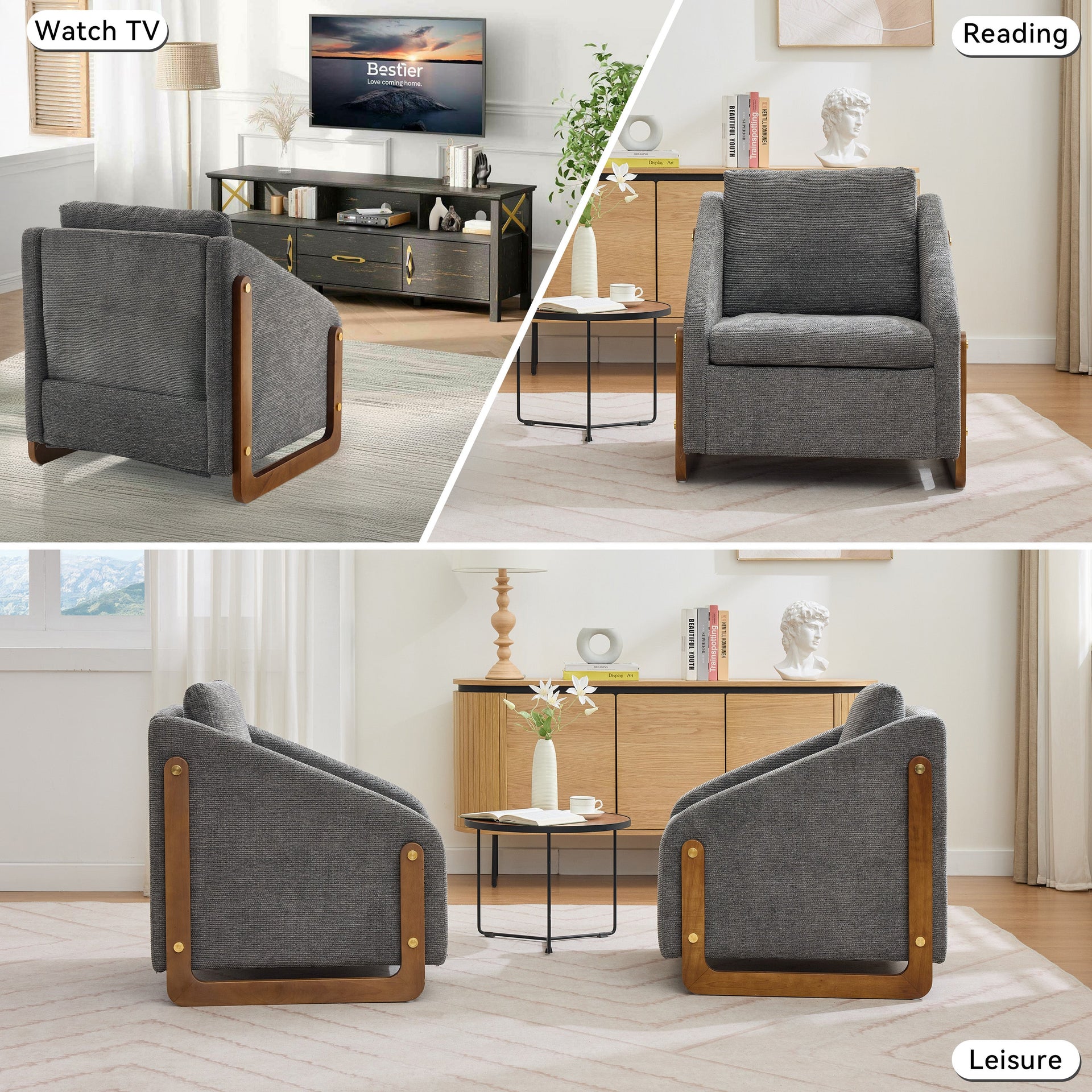 Modern Chenille Upholstered Armchair with Wooden Side Frame in Gray