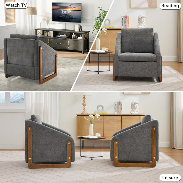 Modern Chenille Upholstered Armchair with Wooden Side Frame in Gray