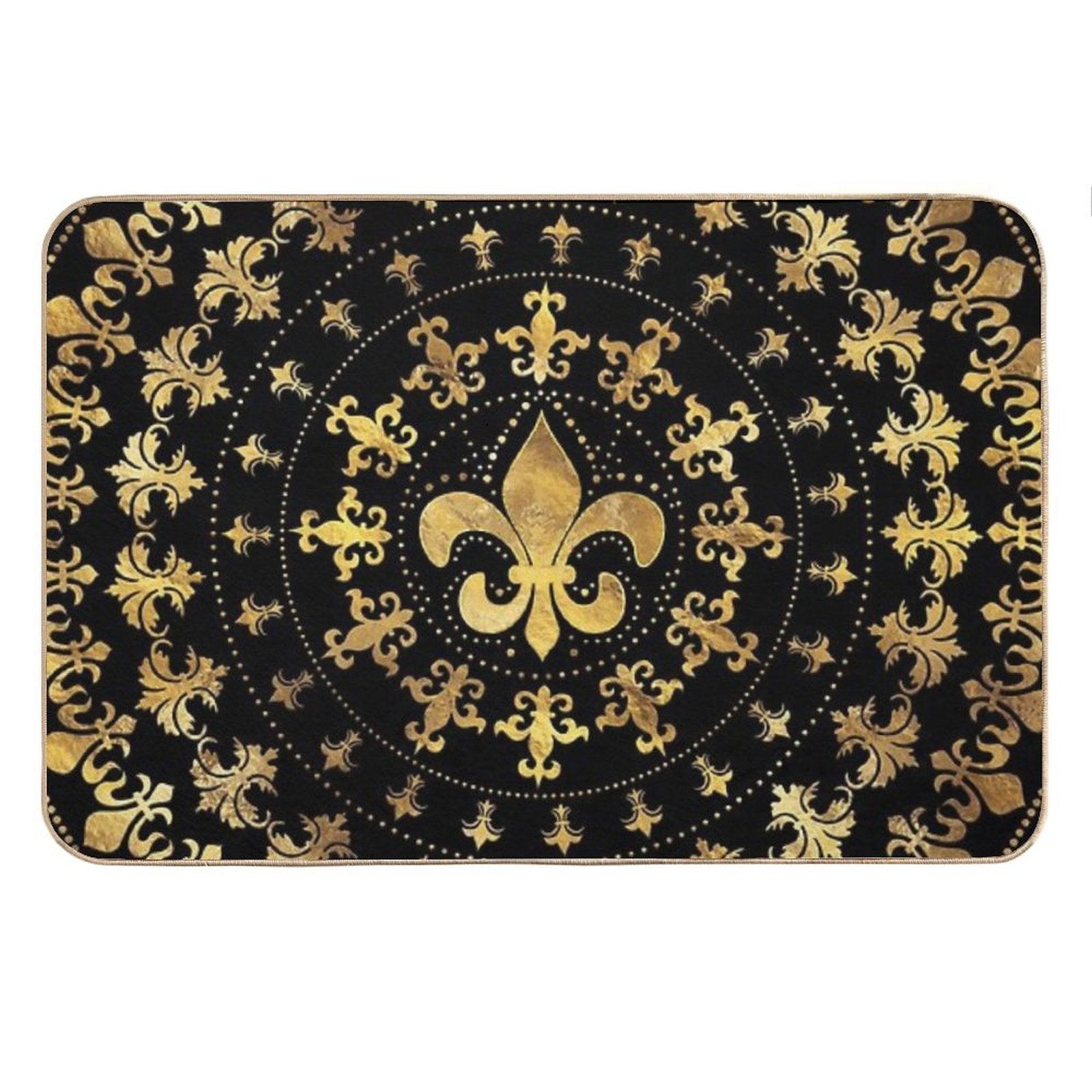Fleur-de-lis - Circular Ornament - Gold And Black Bath Mat