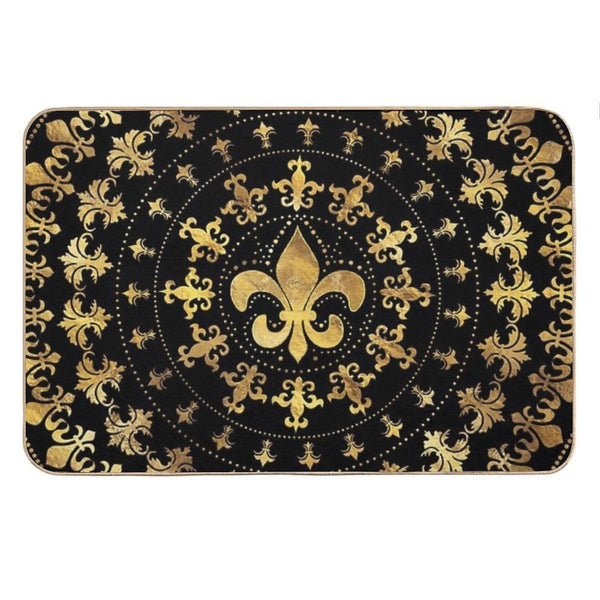 Fleur-de-lis - Circular Ornament - Gold And Black Bath Mat