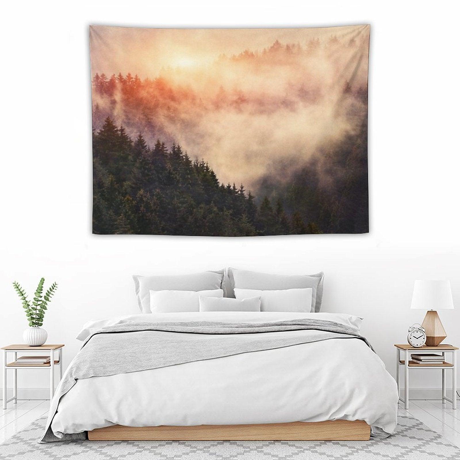 In My Other World  Sunrise In A Romantic Misty Foggy Autumn Fairytale Wilderness Forest With Trees Covered In Fog And Sunlight Tapestry