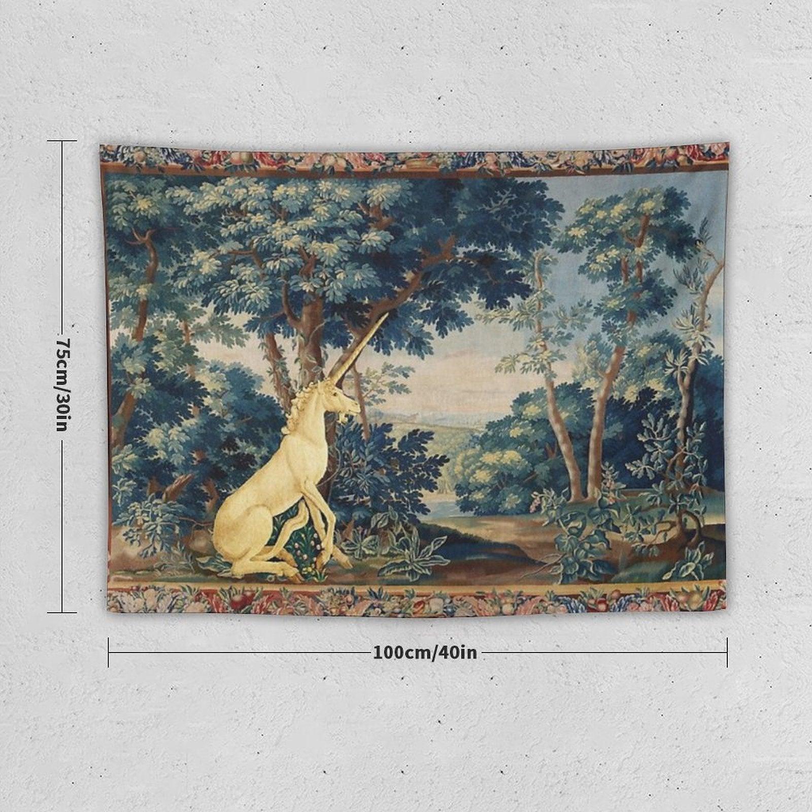 UNICORN IN WOODLAND LANDSCAPE AMONG GREENERY AND TREES Tapestry