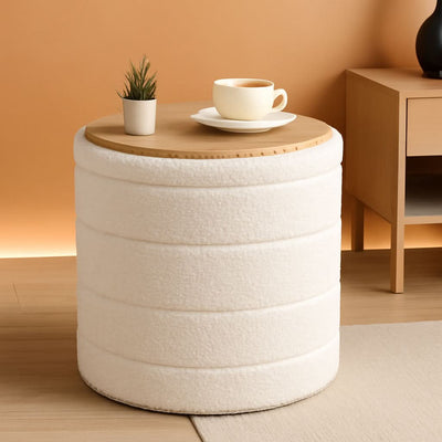Round Storage Ottoman With Tray White VelvetFabric
