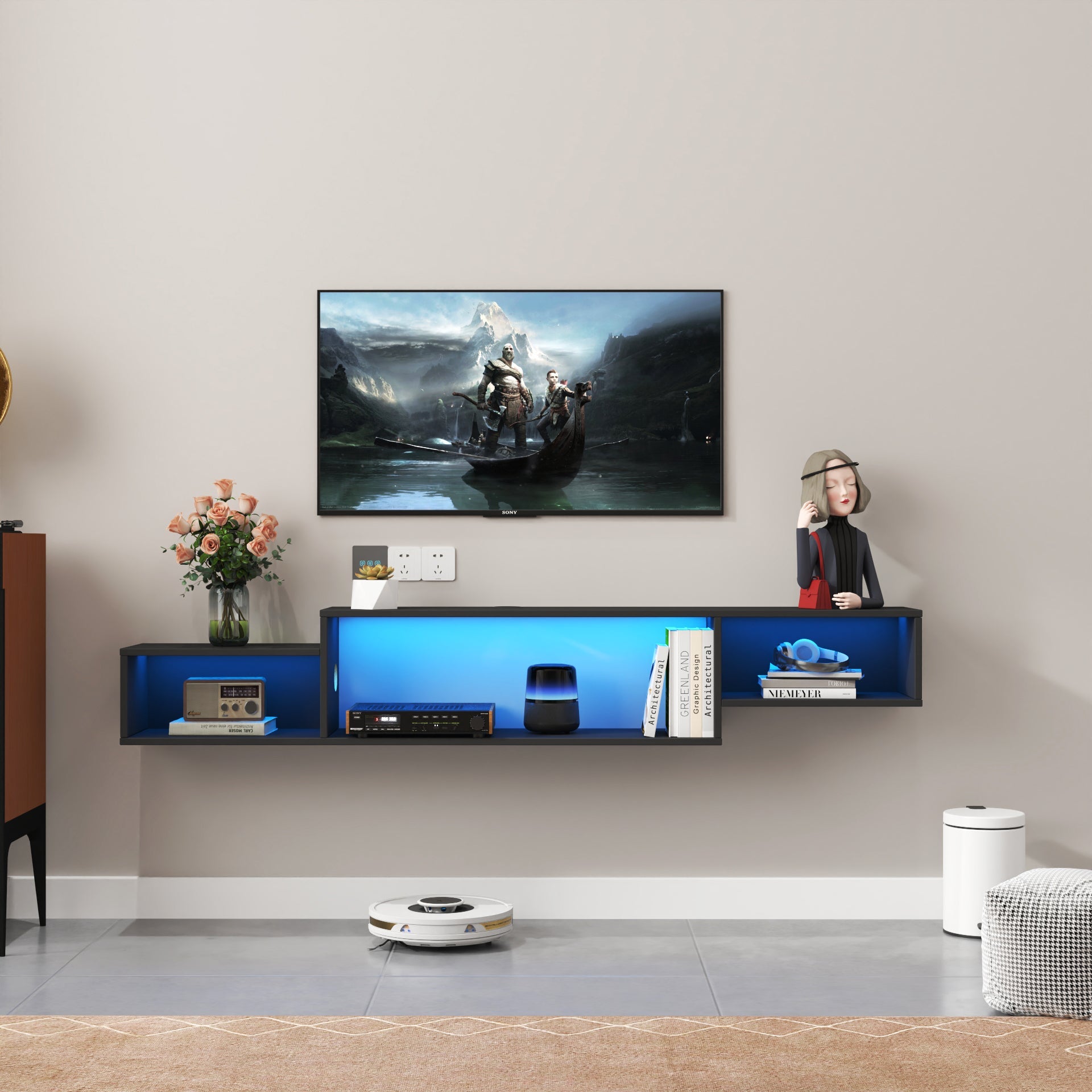 Wall Mounted Floating TV Stand with LEDs and Charging Station for Living Room
