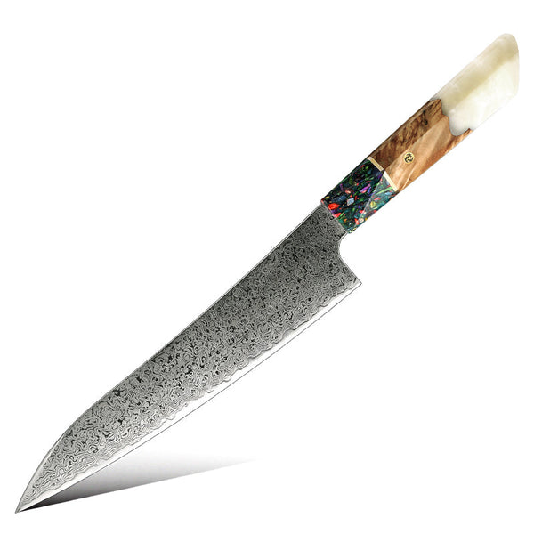 Pristine VG10 Chef Knife Set with Exotic Olive Burl Wood and Pearl Resin Handle