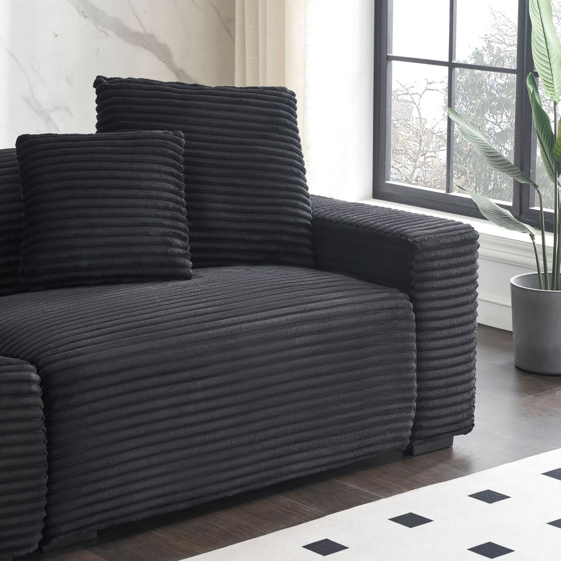104.72-inch 4-seat large sofa with 4 throw pillows, living room sofa in black corduroy fabric comfort