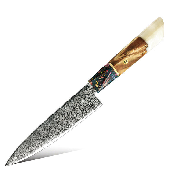 Pristine VG10 Chef Knife Set with Exotic Olive Burl Wood and Pearl Resin Handle