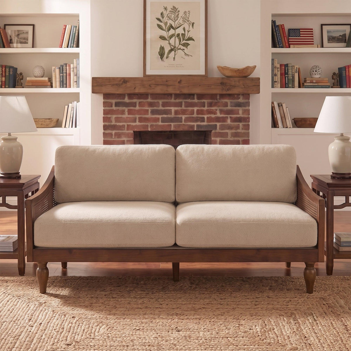 Modern Light Brown Chenille 3-Seater Sofa with Solid Wood Frame & Rattan Arms