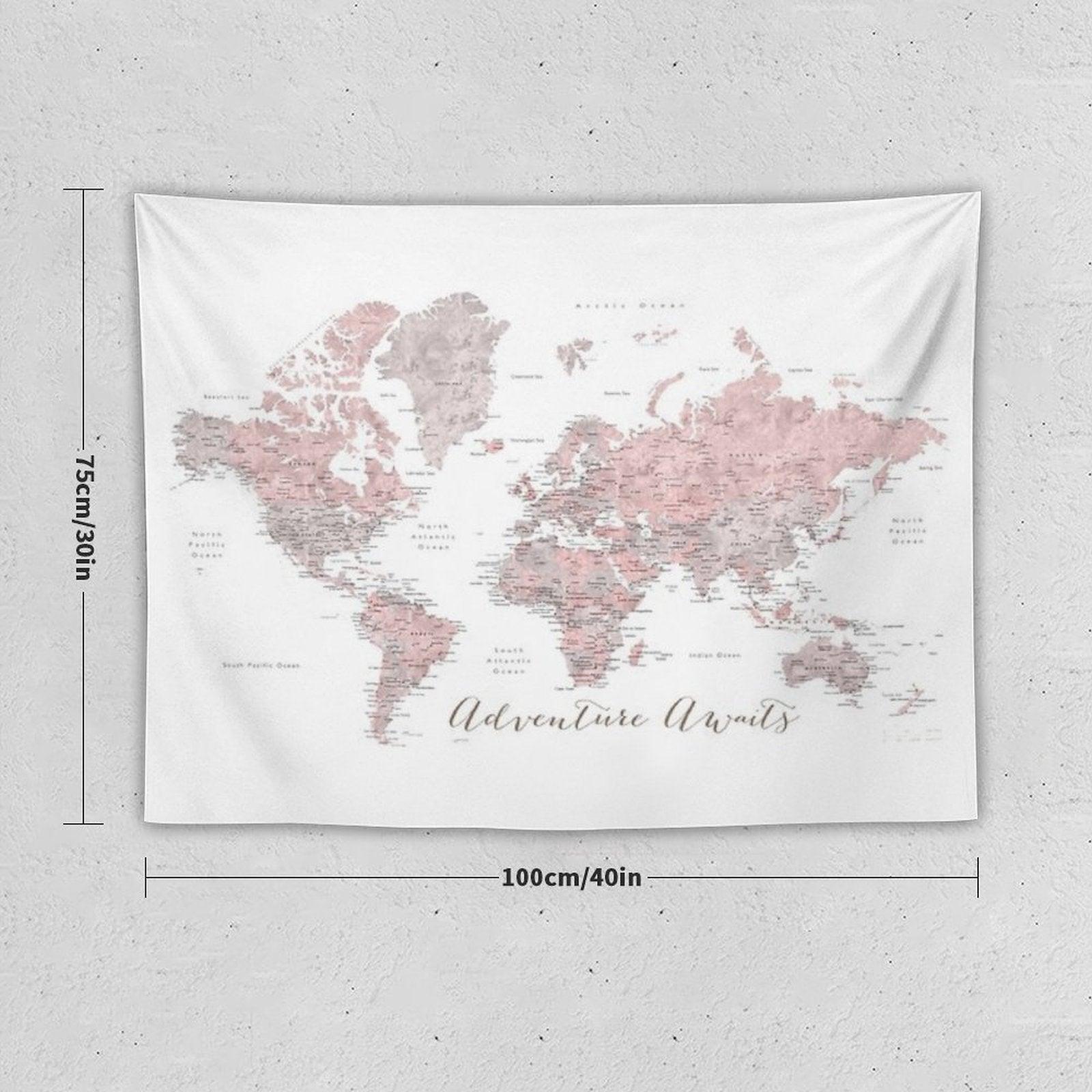 World Map Adventure Awaits in Dusty Pink And Grey Tapestry
