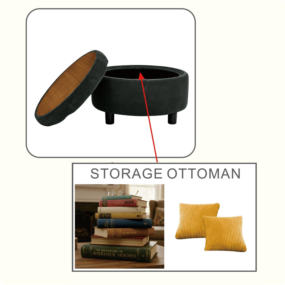 25 Inch Round Storage Ottoman with Tray