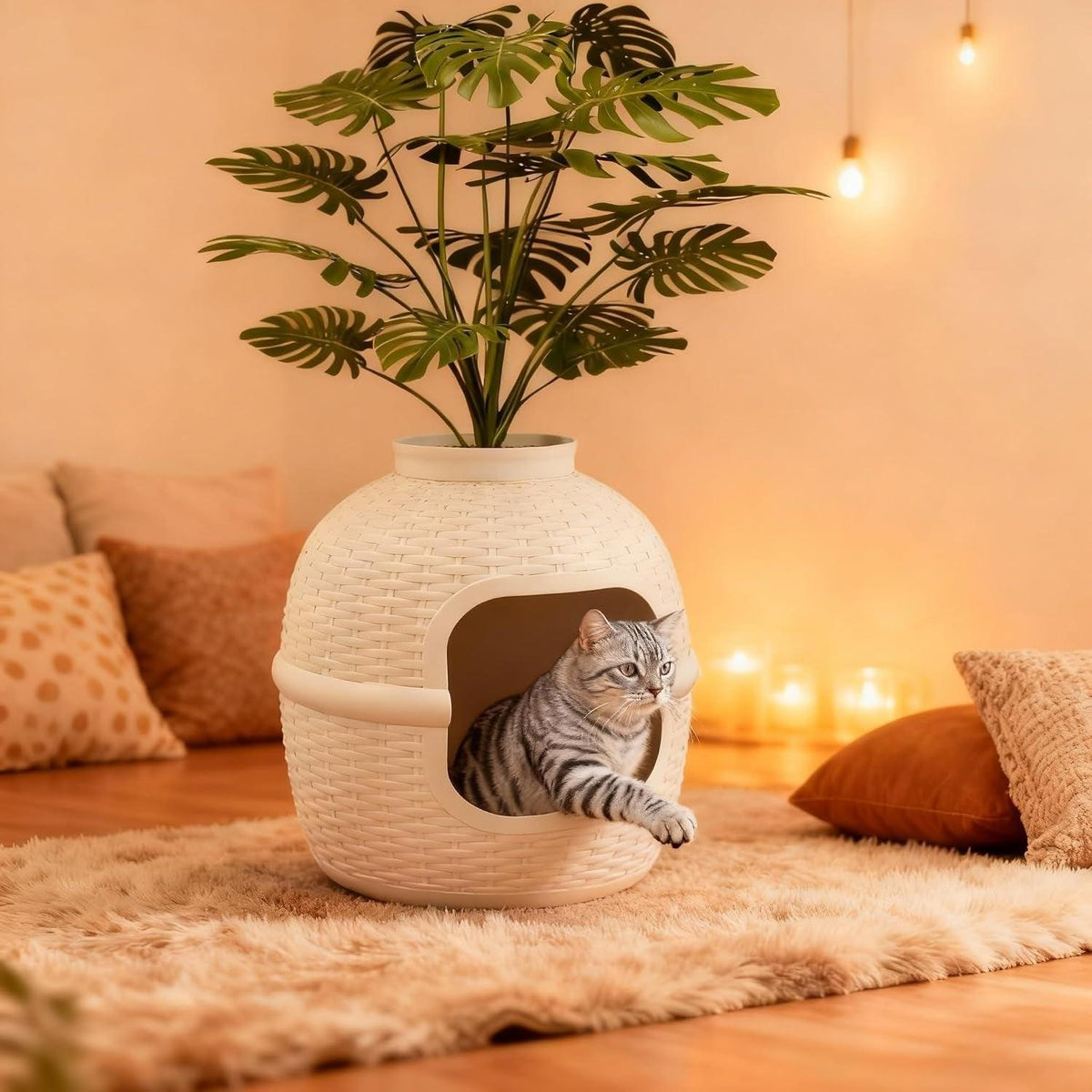Cat Litter Box Enclosure with Faux Plant