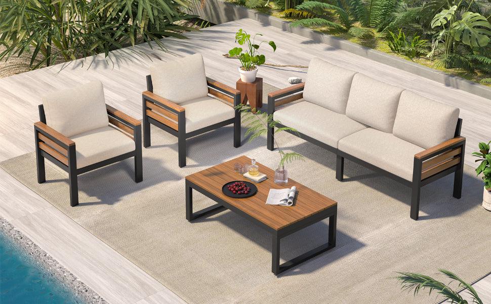 4-Piece Outdoor Furniture Sofa Set for 5 People with Acacia Wood Armrests