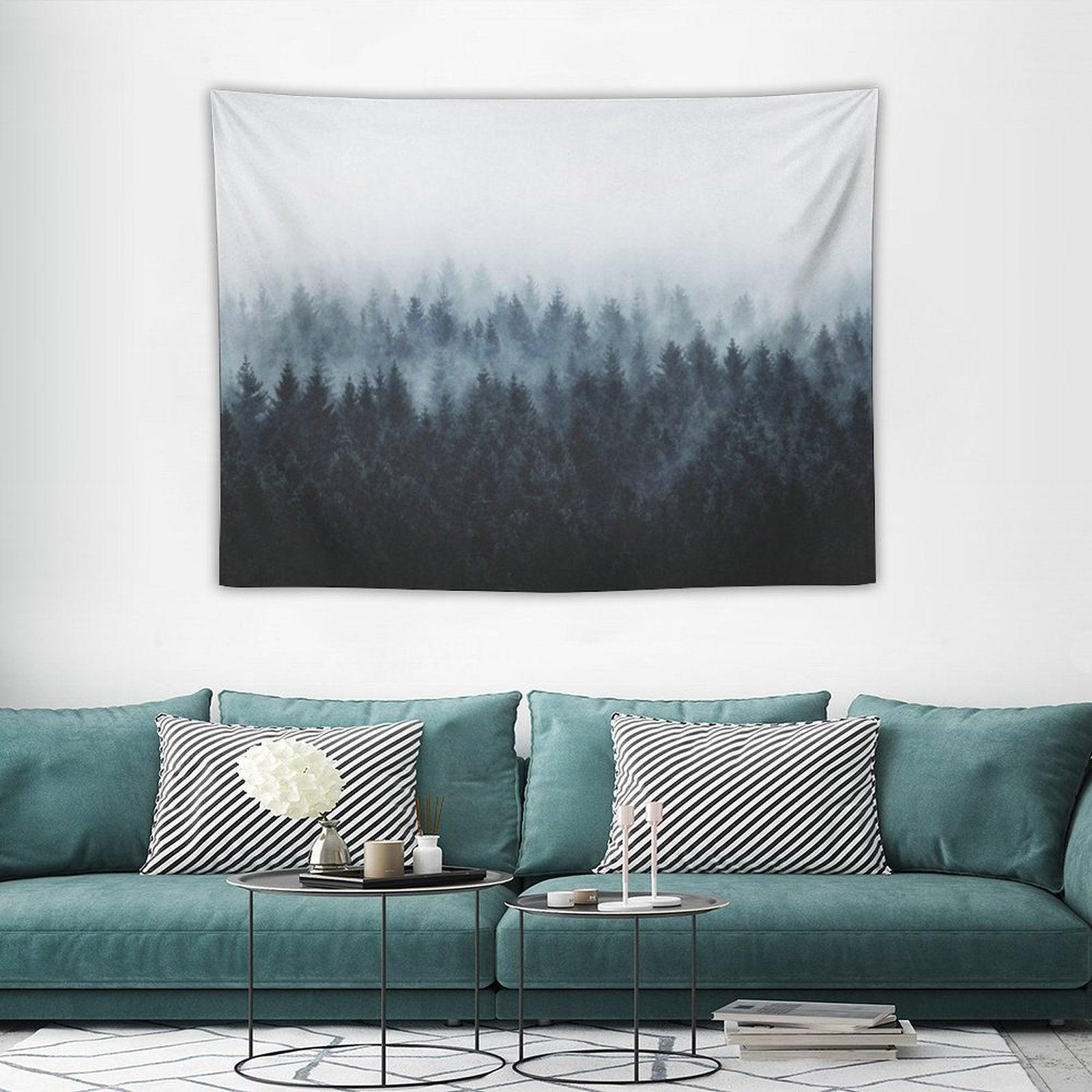High And Low  Dark Romantasy Moody Wilderness Dream Forest With Cascadia Trees Covered In Fog Tapestry