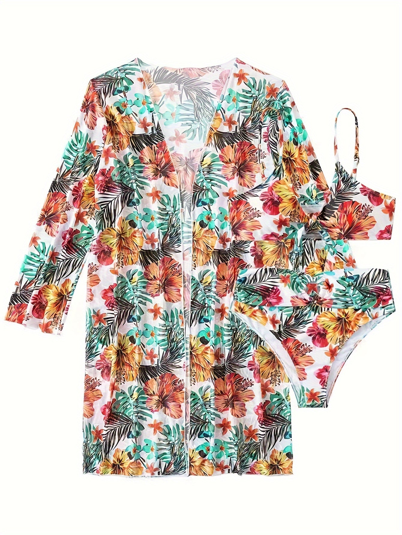 New Tropical Bloom 3-Piece Swimsuit Set – High Waist Floral Fluttering Bikini with Crew Neck Top Spaghetti Straps and Matching Long Sleeve Cover-Up – Stylish Stretchy Women’s Swimwear for Beach & Summer Escapes