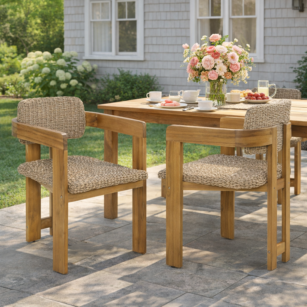 Outdoor Acacia Wood Dining Chair with Handwoven Rattan Seat and Back