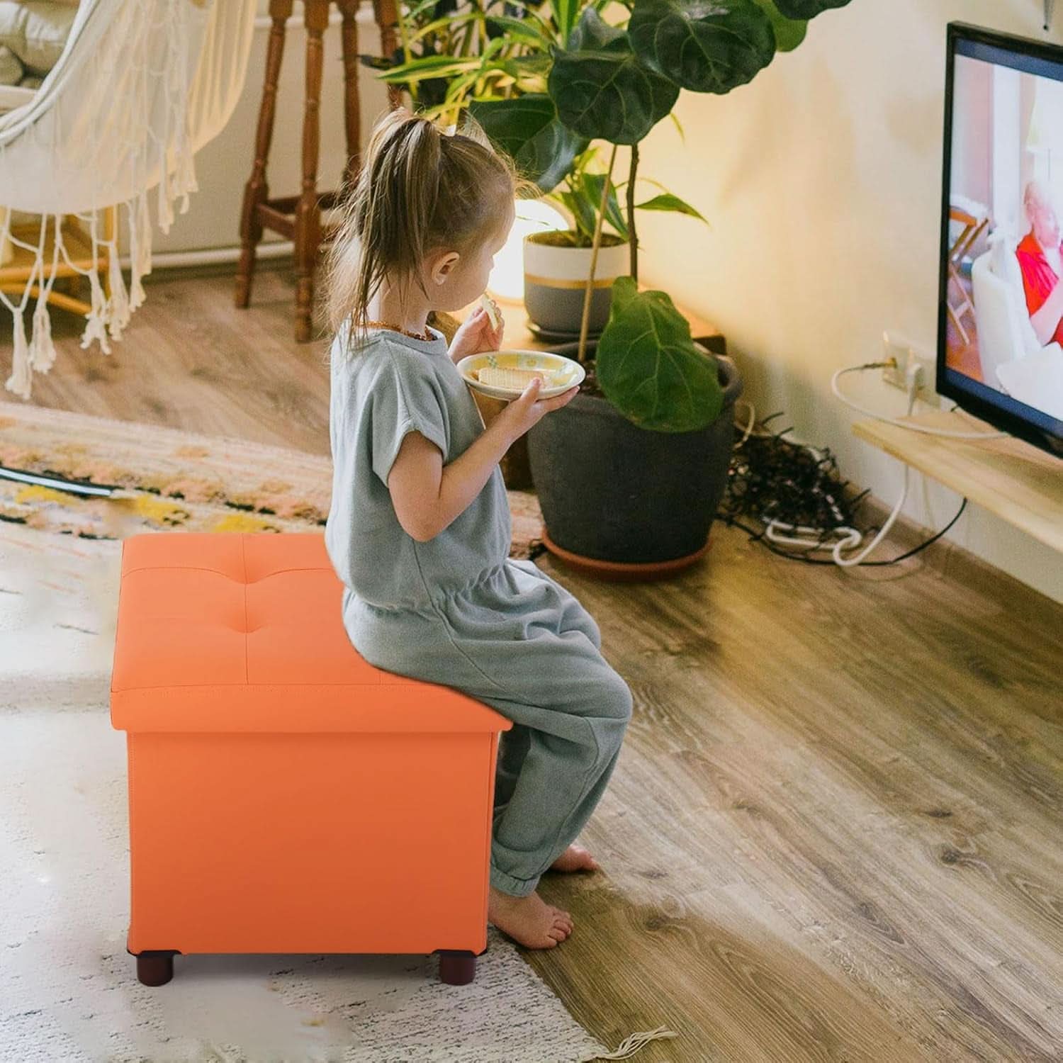 Orange Faux Leather Storage Ottoman With Wooden Tray