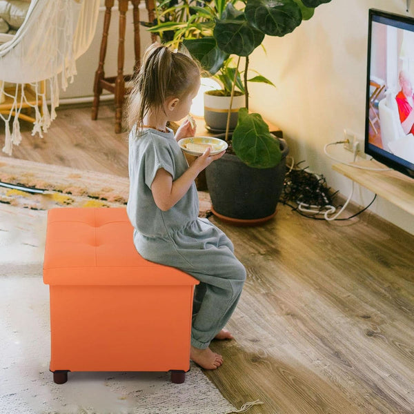 Orange Faux Leather Storage Ottoman With Wooden Tray