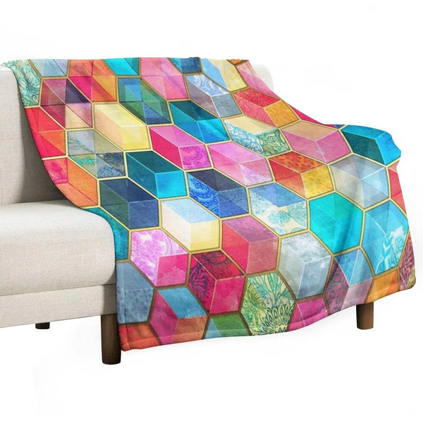 Crystal Bohemian Honeycomb Cubes - Colorful Hexagon Pattern Throw Blanket