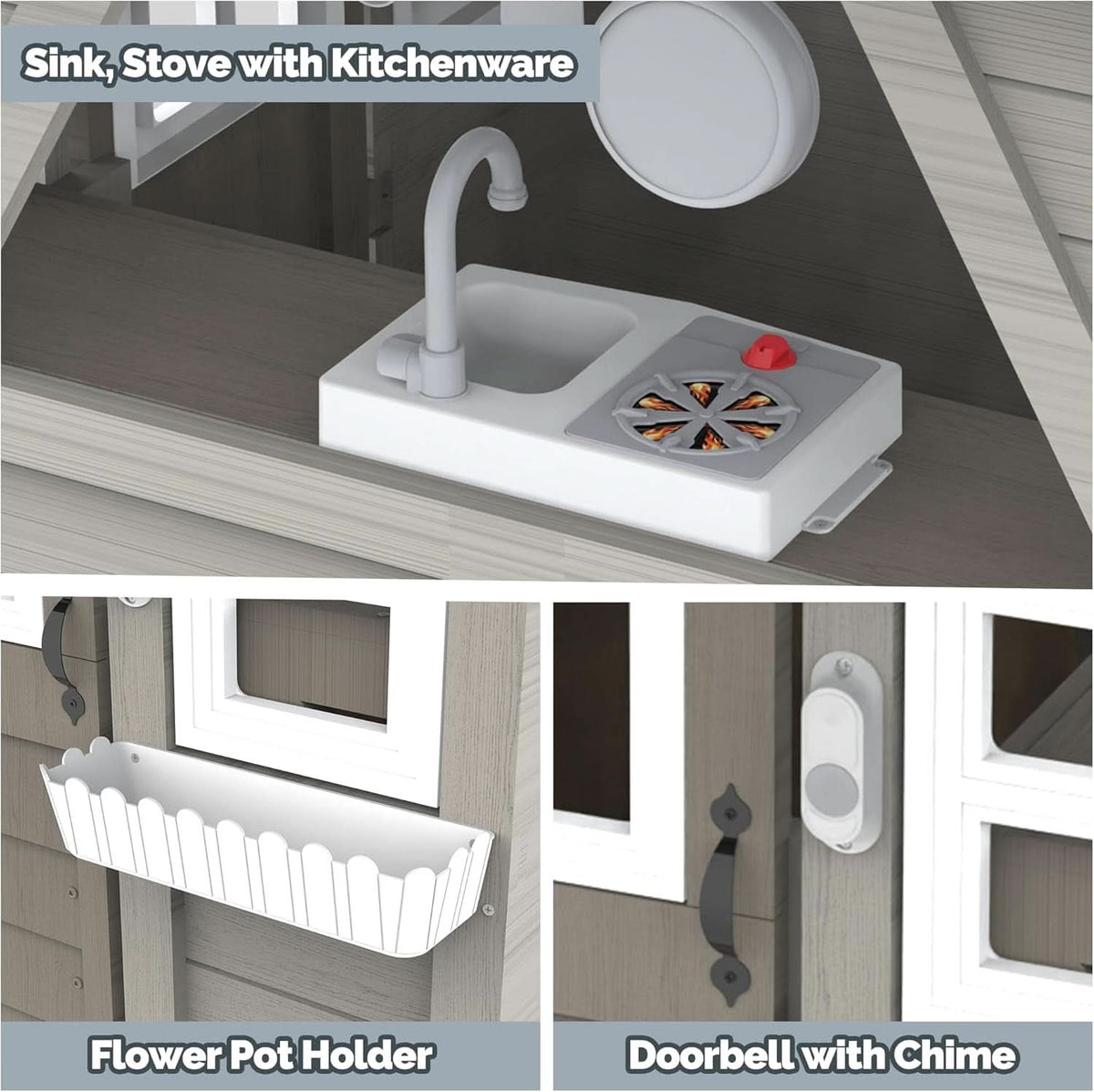 Gray Weatherproof Outdoor Wooden Playhouse With Sink
