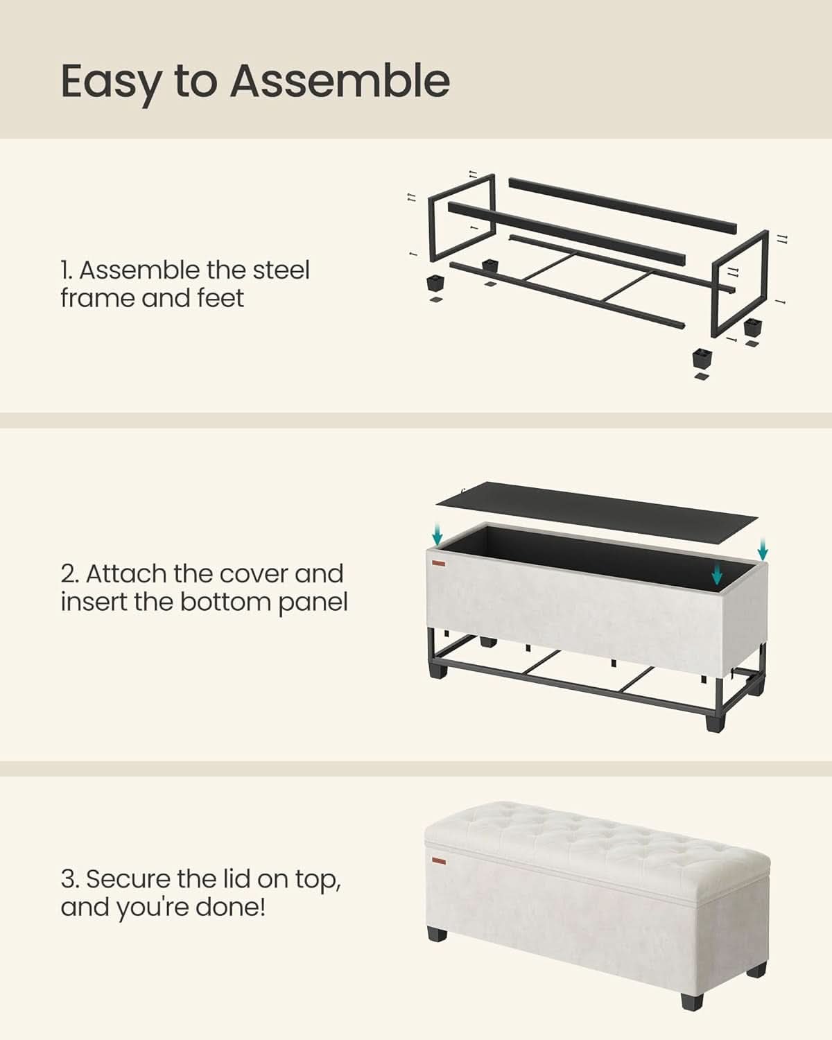 Cream Velvet Textured Storage Ottoman Bench 43Inch