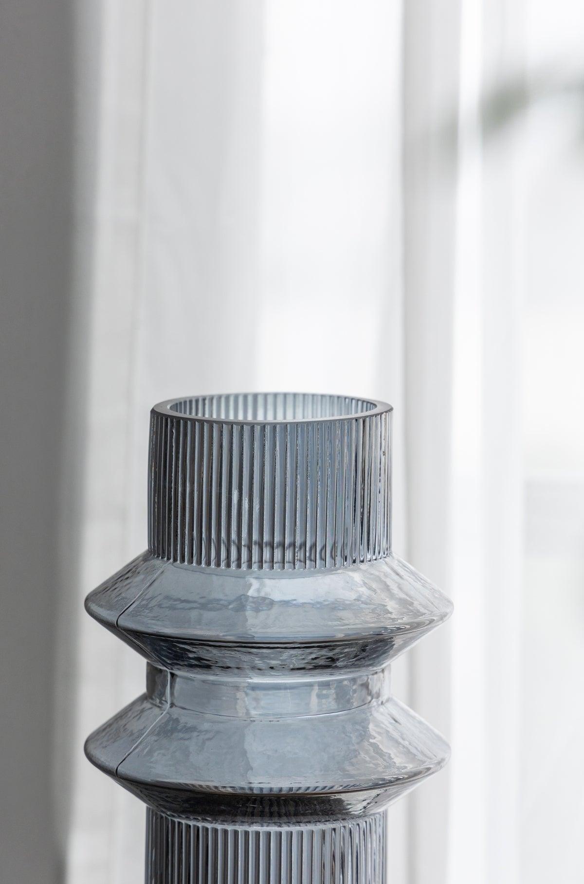 Set of 2 Blue Smoked  Modern Geometric Glass Vase