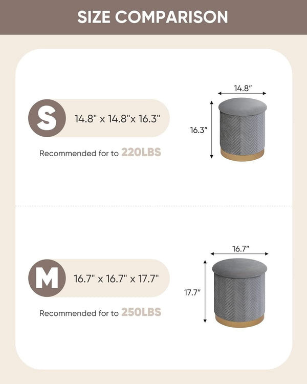 Grey Velvet Circular Storage Ottoman Golden Accents