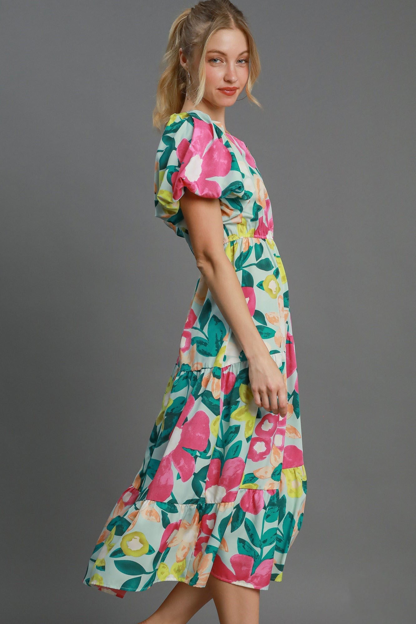 Colorful Full Size Floral Print Puff Sleeve Midi Dress Plus Size Elegant & Feminine Romantic Long Dress