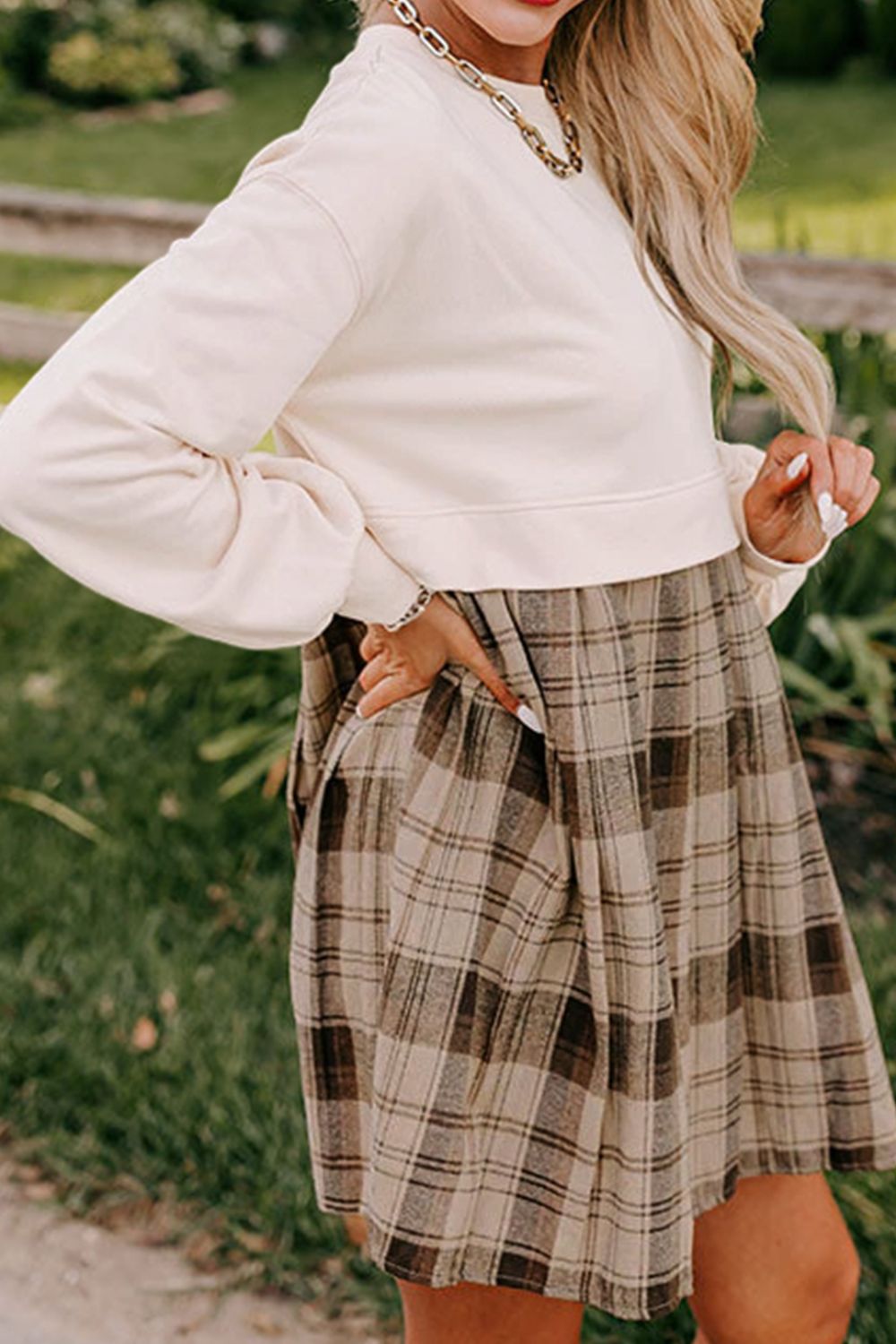 Vintage Plaid Round Neck Long Sleeve Mini Dress Cozy & Stylish Dress Retro Design Dress For Party