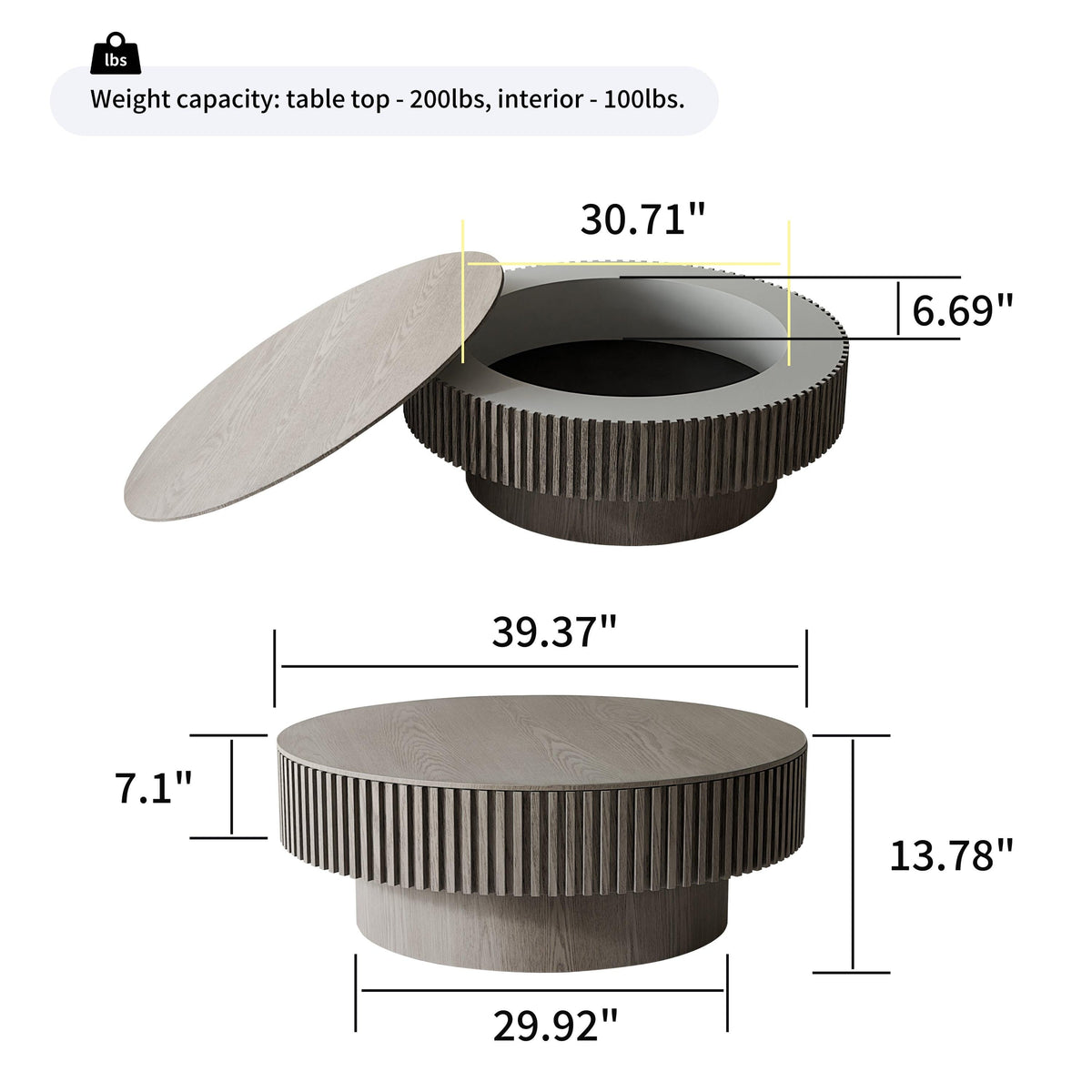 Modern Gray Round Mushroom Coffee Table with Hidden Storage