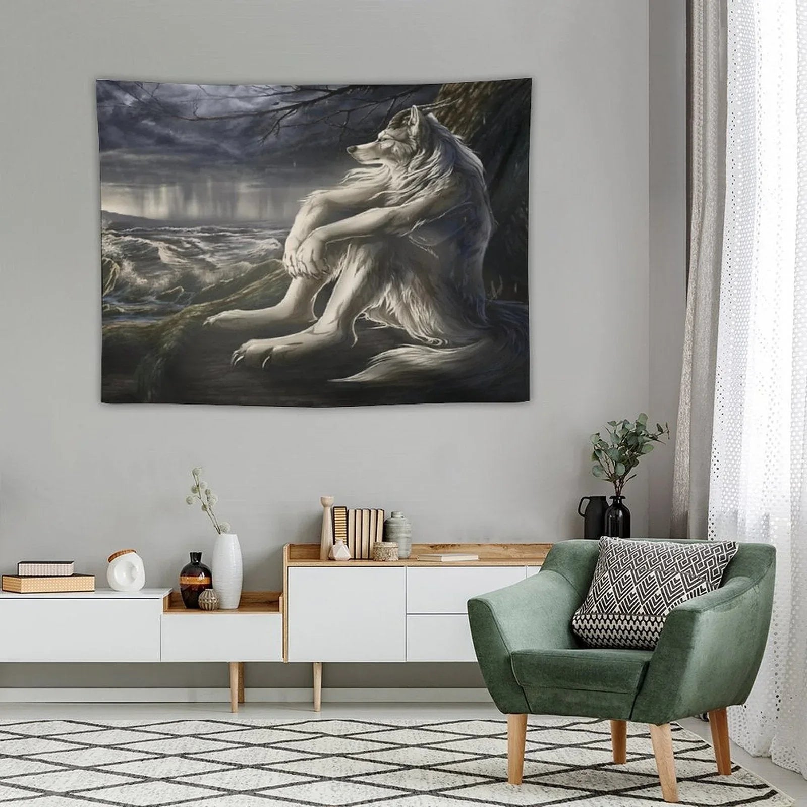 Emo White Wolf Sitting Sad Meme Tapestry