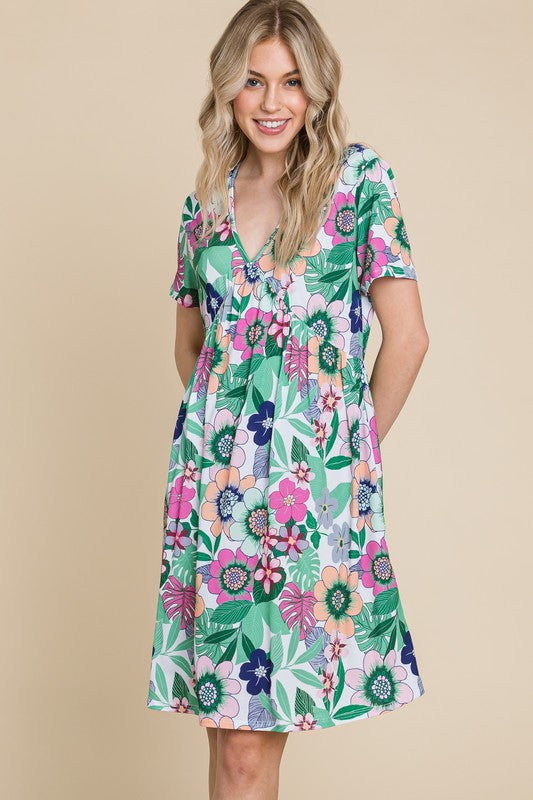 Ruched Floral V-Neck Short Sleeve Summer Dress – Flattering and Feminine Dress with a Chic V-Neckline and Ruched Detailing