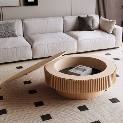 39.37'' Round Coffee Table with Storage Solid Wood Veneered Modern Coffee Table Accent Tea Table for Living Room, Bedroom, Apartment or Office, Natural Wood