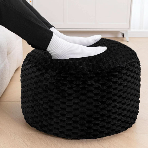 Round Plush Pouf Ottoman 20x12 Inches Black Upholstered
