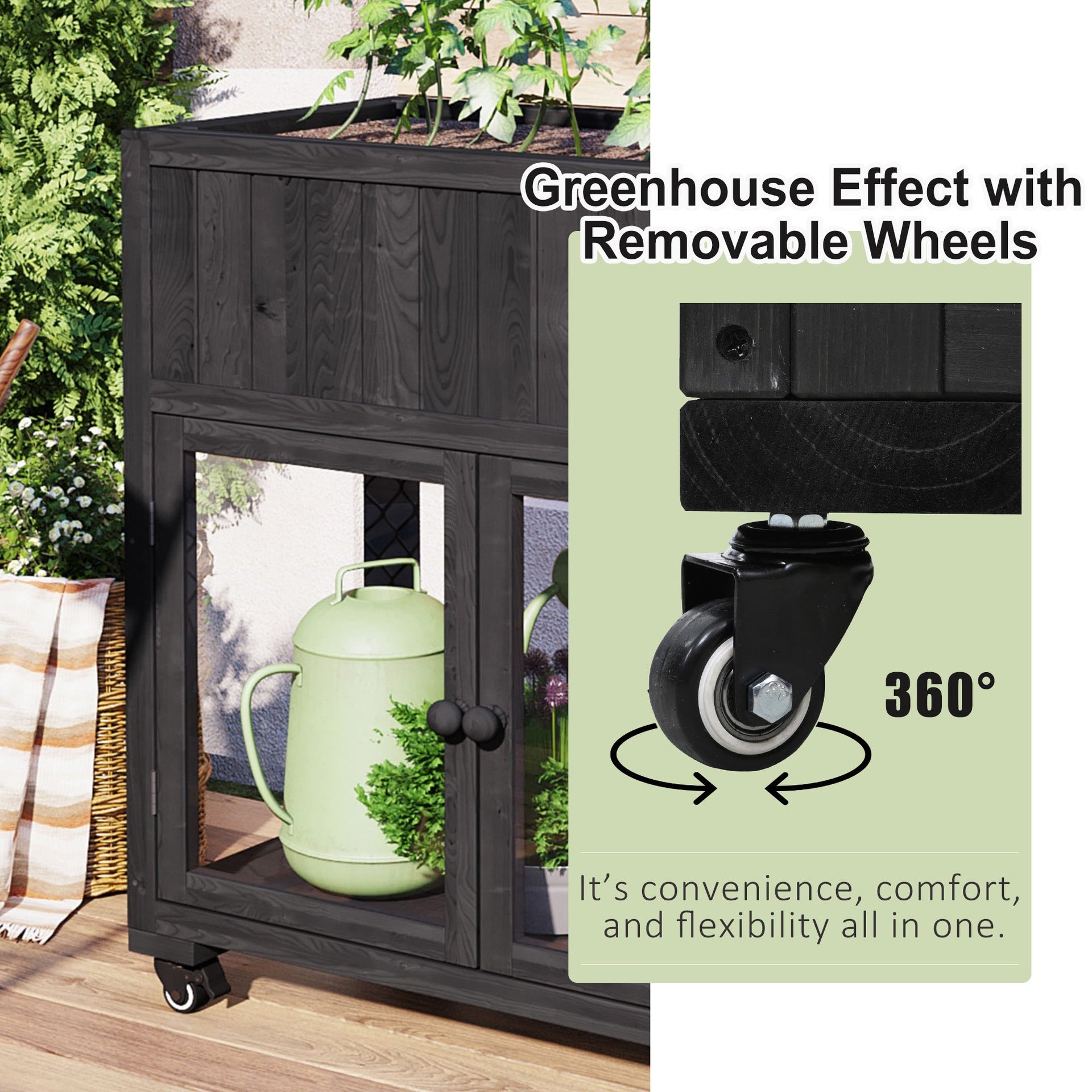 Patio 35.4''x17.7''x37.4'' Mini Wood Cold Frame, Compact 2 Doors Garden Greenhouse with Wheels, Raised Bed with Liner for Indoor Outdoor Use, Black