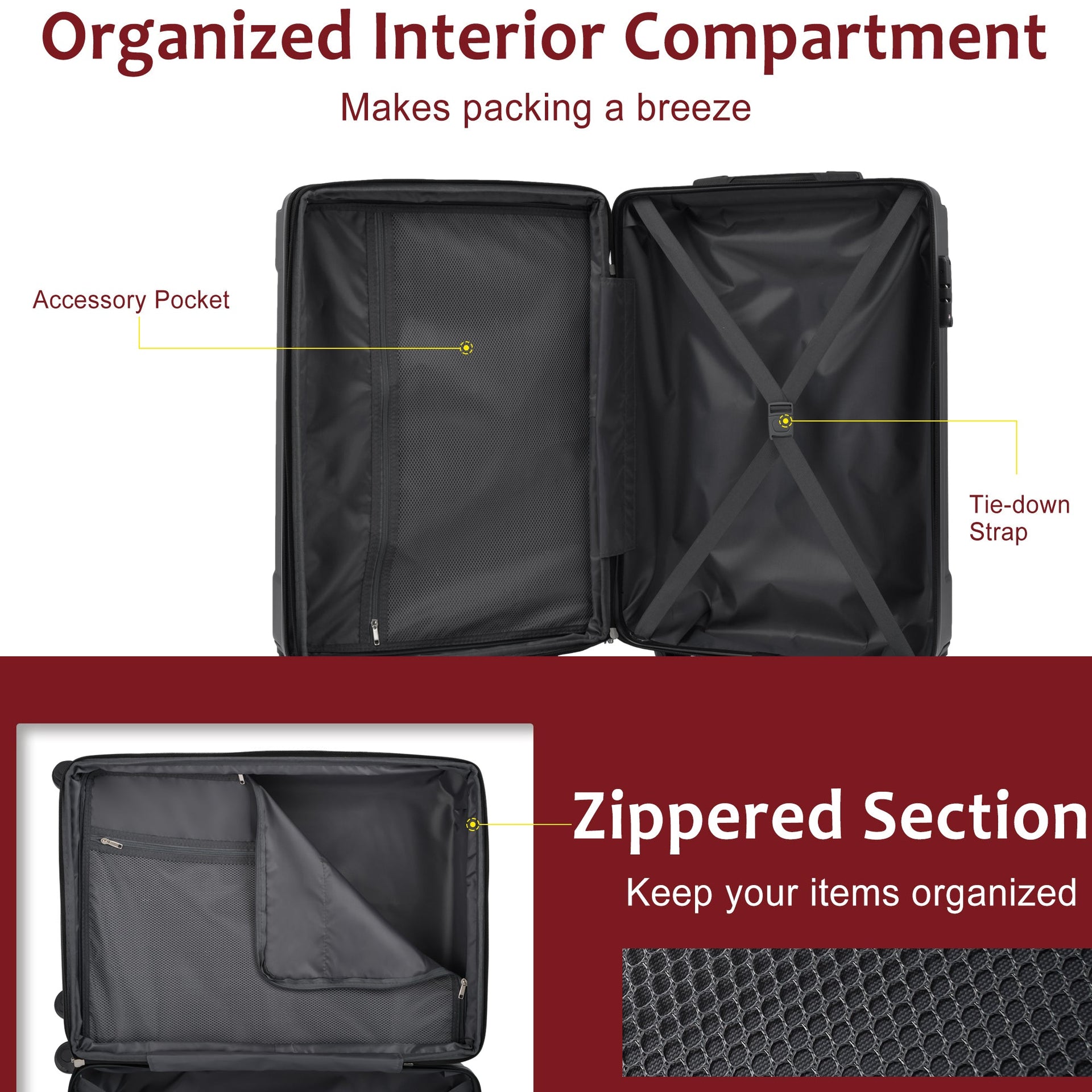 Luggage Sets 3 Piece, Expandable Hard shell ABS Suitcases with Double