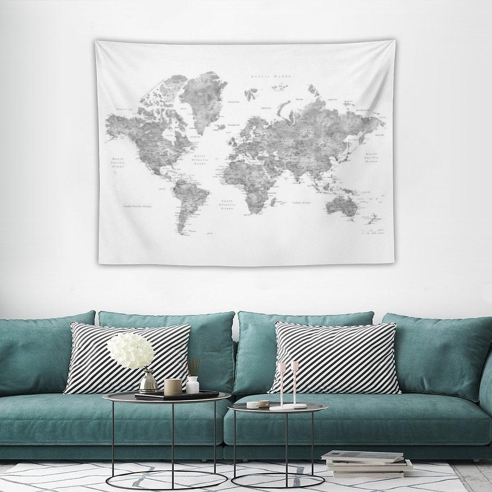 Grayscale Watercolor World Map with Cities Tapestry