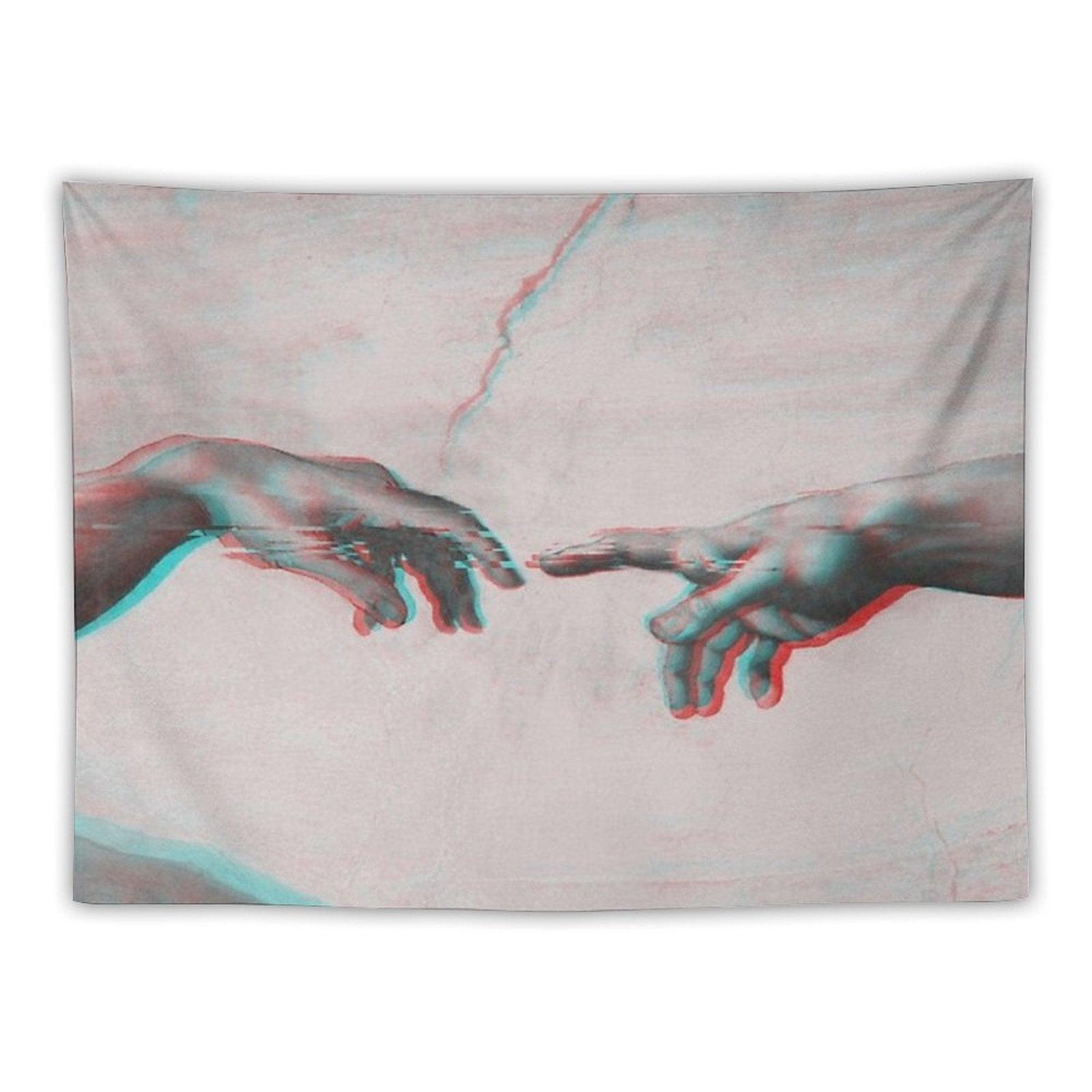 The Creation of Adam in GLITCH - Wall Tapestries Sistine Chapel Near-touching Hands of God And Adam Red Colorized Tapestry