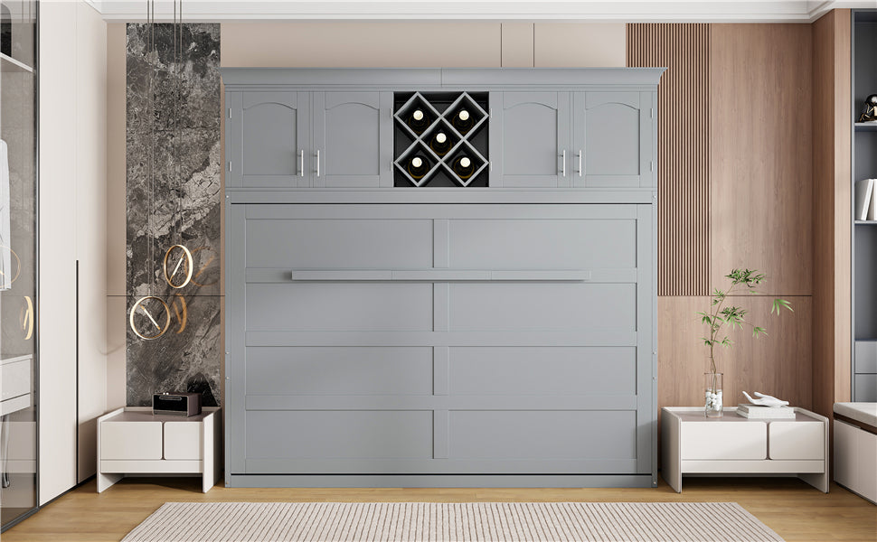 Queen Size Murphy Bed Wall Bed with Top Cabinets & Wine Rack ,Gray(OLD SKU:LP000879AAE)