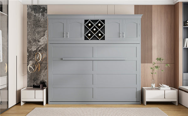 Queen Size Murphy Bed Wall Bed with Top Cabinets & Wine Rack ,Gray(OLD SKU:LP000879AAE)