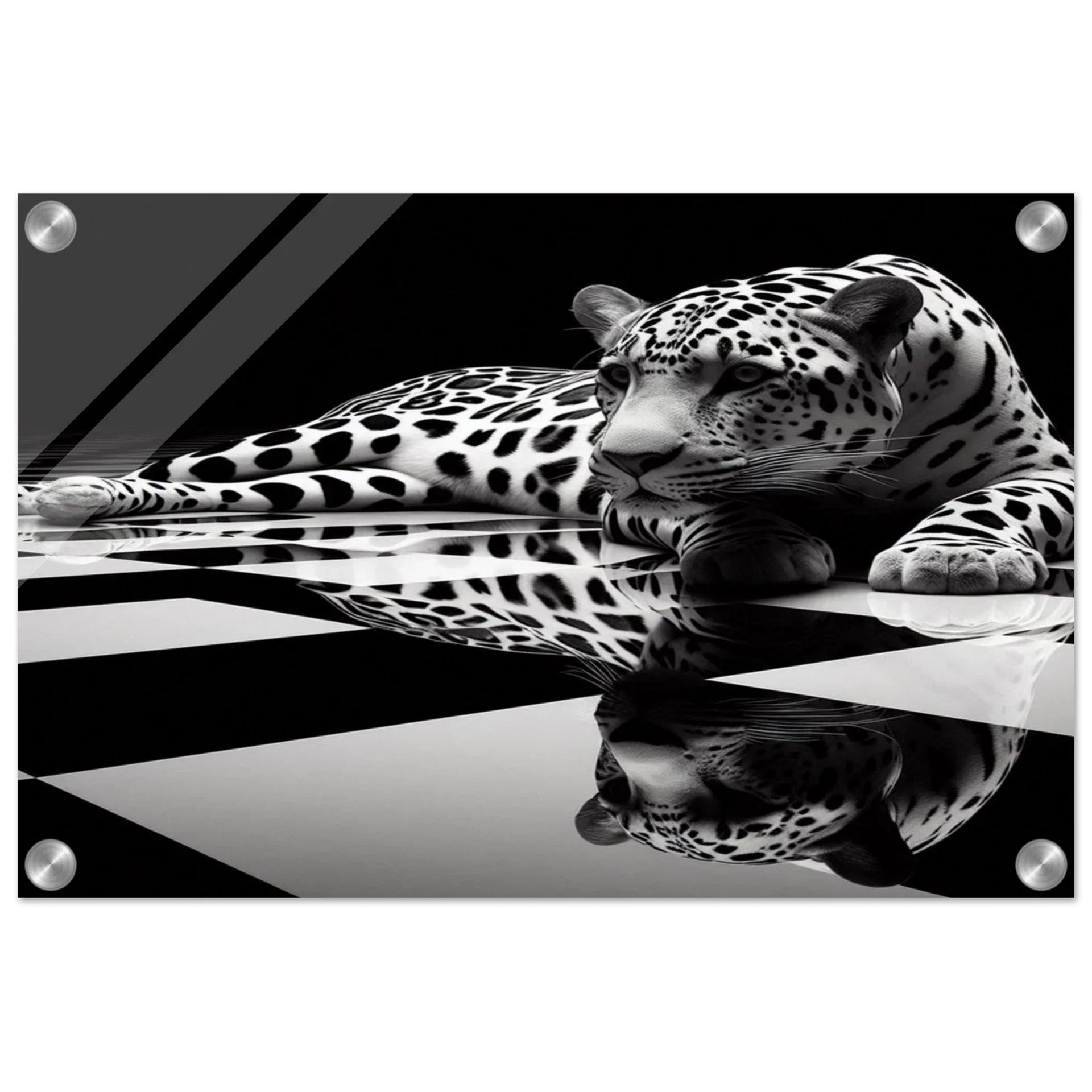 Leopard Acrylic Print on Black and White Checkered Floor – Glossy Finish Wall Art