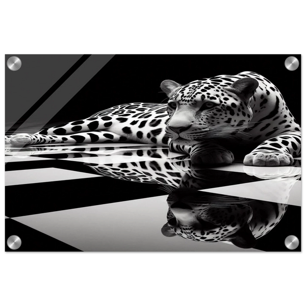 Leopard Acrylic Print on Black and White Checkered Floor – Glossy Finish Wall Art
