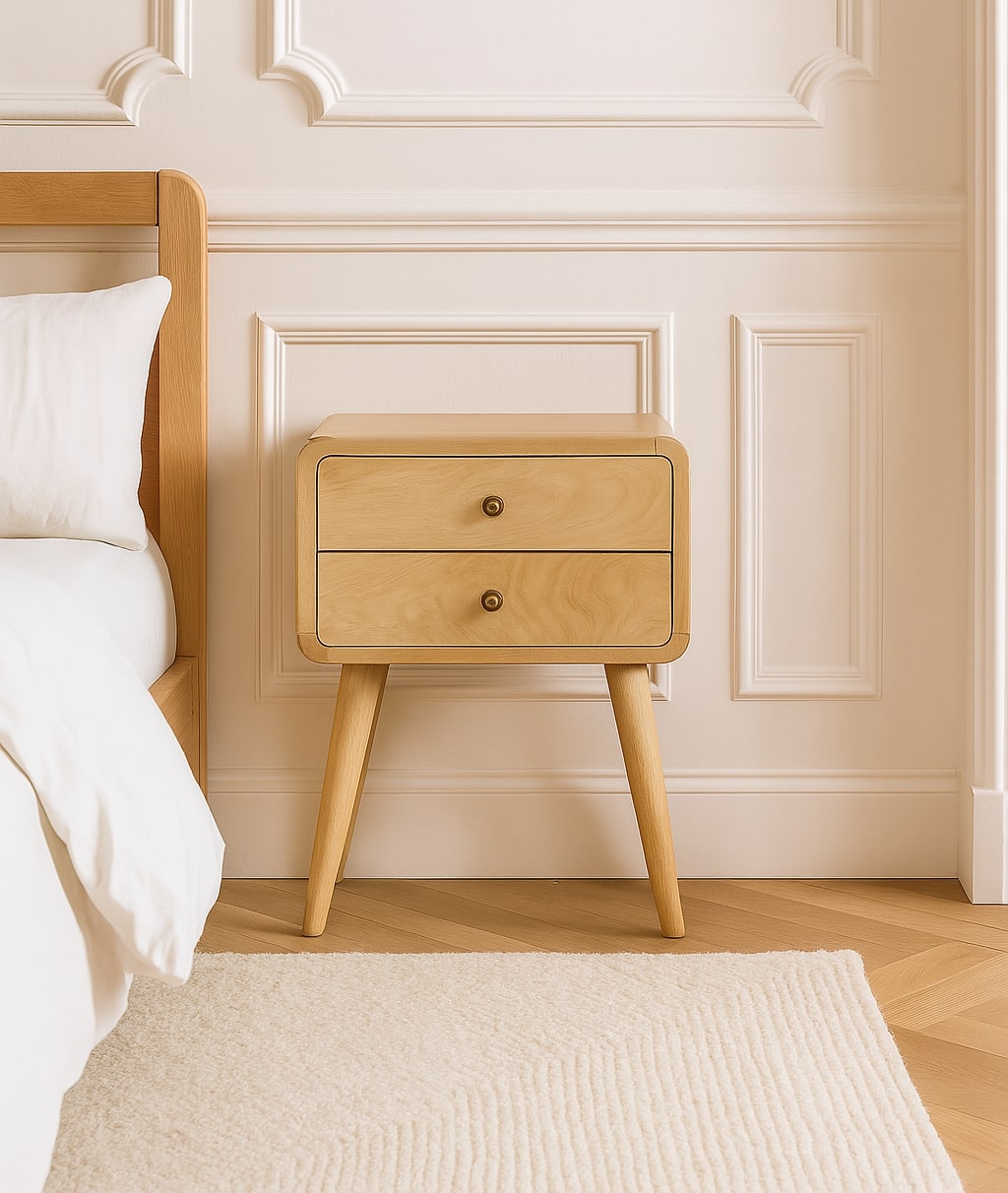Solid Wood Curved Bedside Table with 2 Drawers