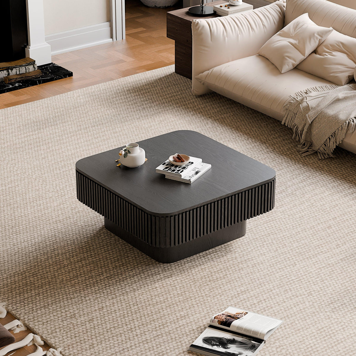 Modern Black Square Coffee Table with Hidden Storage