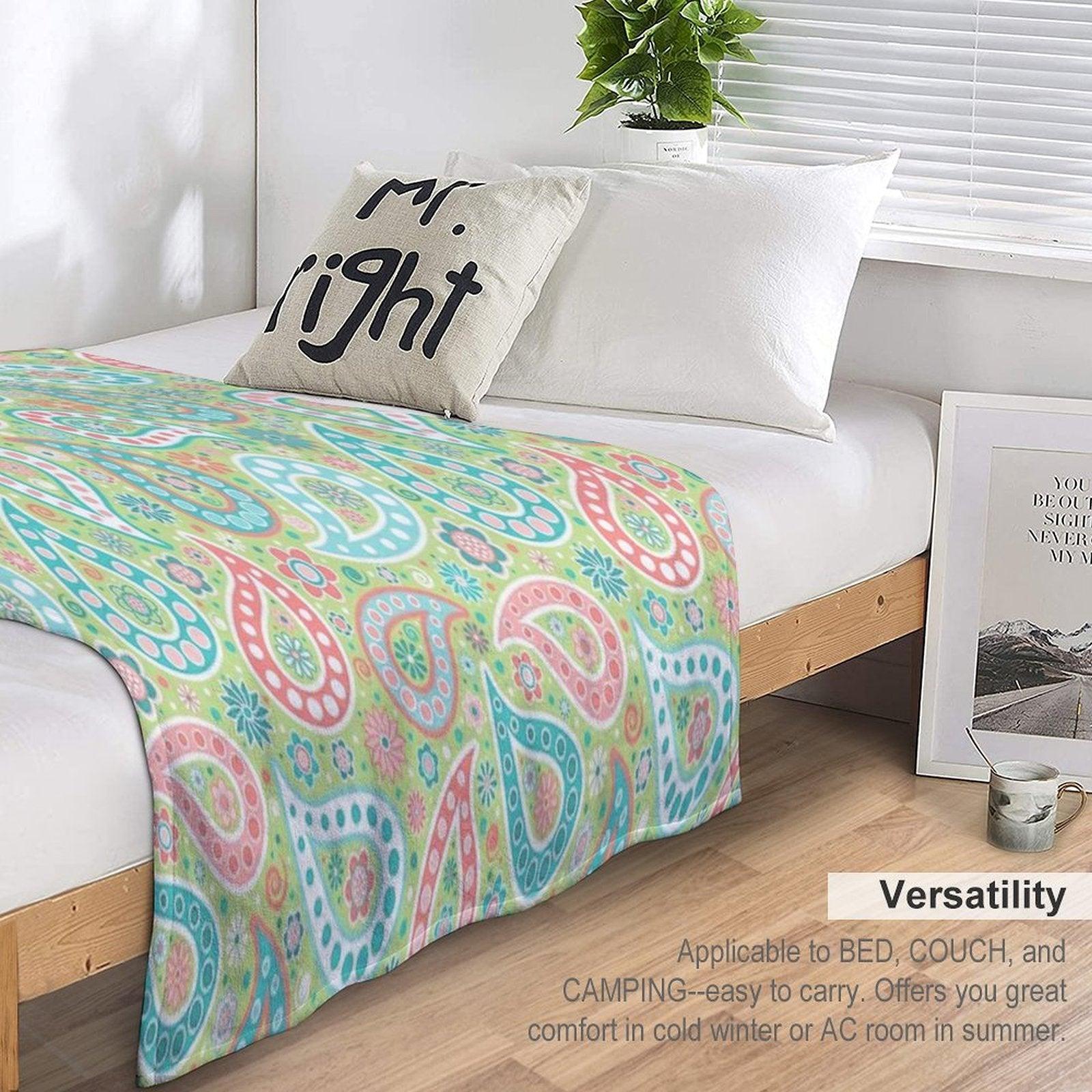 Paisley in Green, Turquoise Blue, Coral Pink And White Throw Blanket
