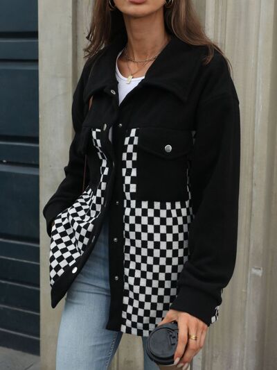 Black Checkered Snap Down Long Sleeve Jacket Stylish & Functional Buttoned Outerwear