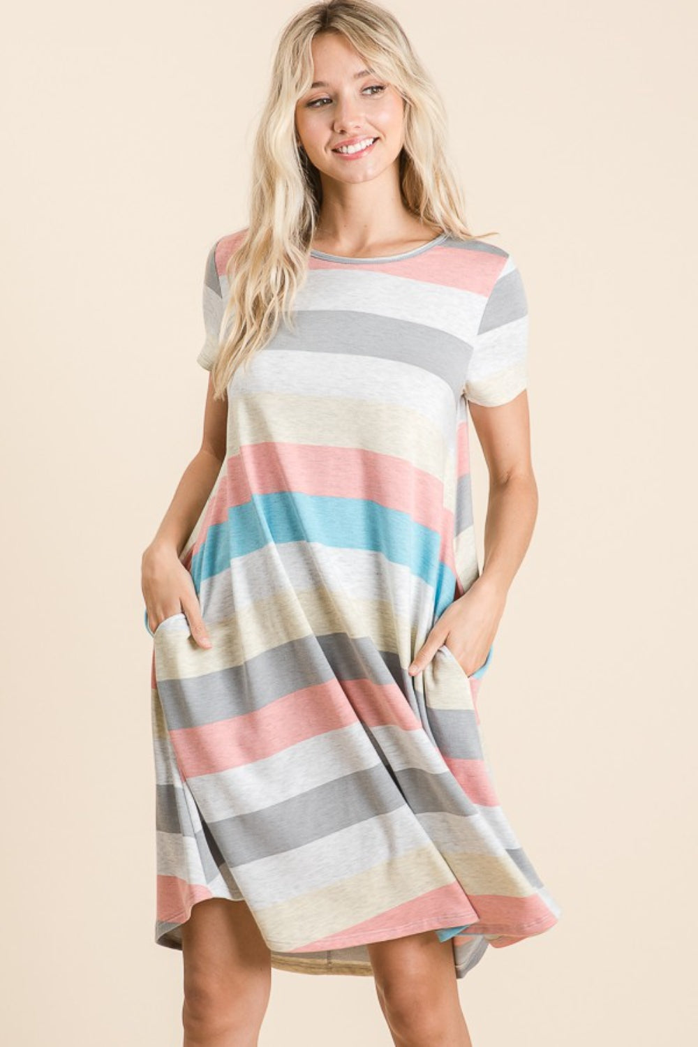 Striped Short Sleeve Dress with Pockets For Women – Casual Striped Dress, Comfortable Short Sleeve Dress, Pocketed Striped Dress, Versatile Striped Dress, Relaxed Fit Dress, Effortless Striped Dress, Chic Short Sleeve Dress