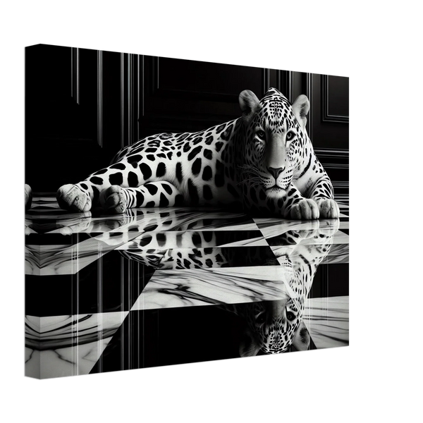 Leopard Canvas Art Print – Striking Design on Black & White Checkered Marble Floor